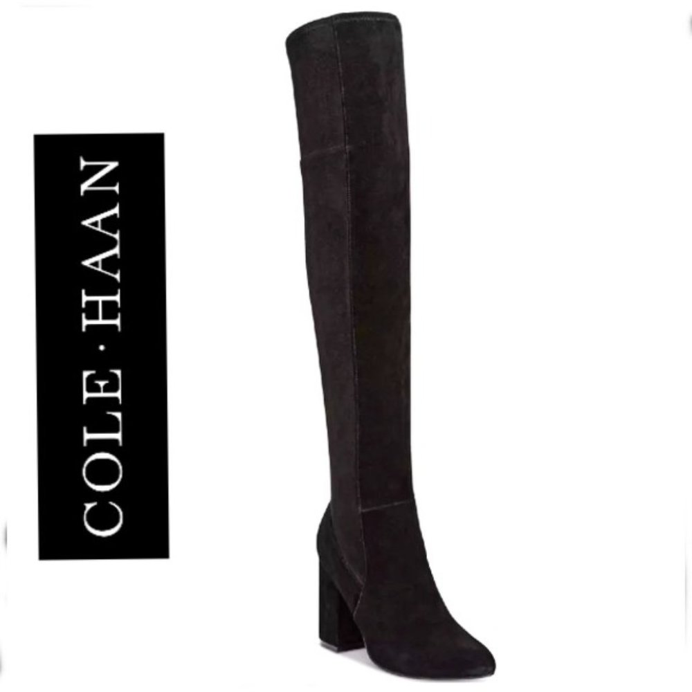 COLE HAAN Darla Tall Over The Knee Boots Black Suede Block Heel Almond Toe 9.5